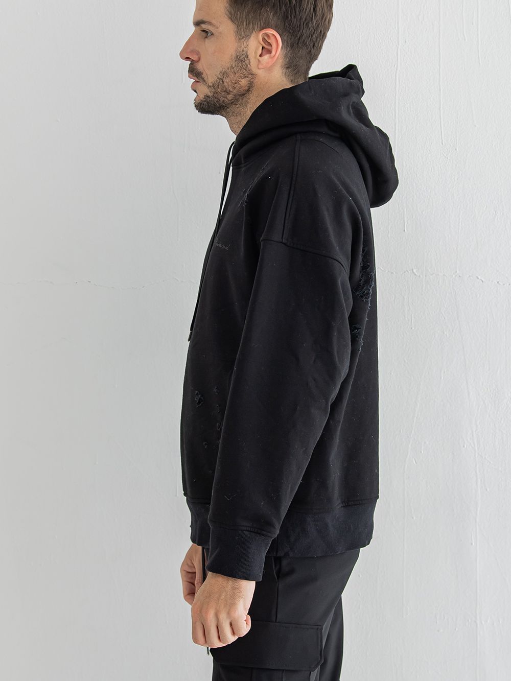 VINTAGE loose hoodie  (ブラック)  度詰め裏毛 クラッシュ加工 ヴィンテージルーズパーカー