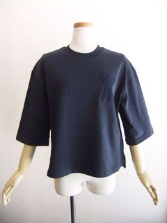 【レディース】AMI DE COEUR Tシャツ  （ネイビー）  ロゴ パッチ 7分袖 Tシャツ