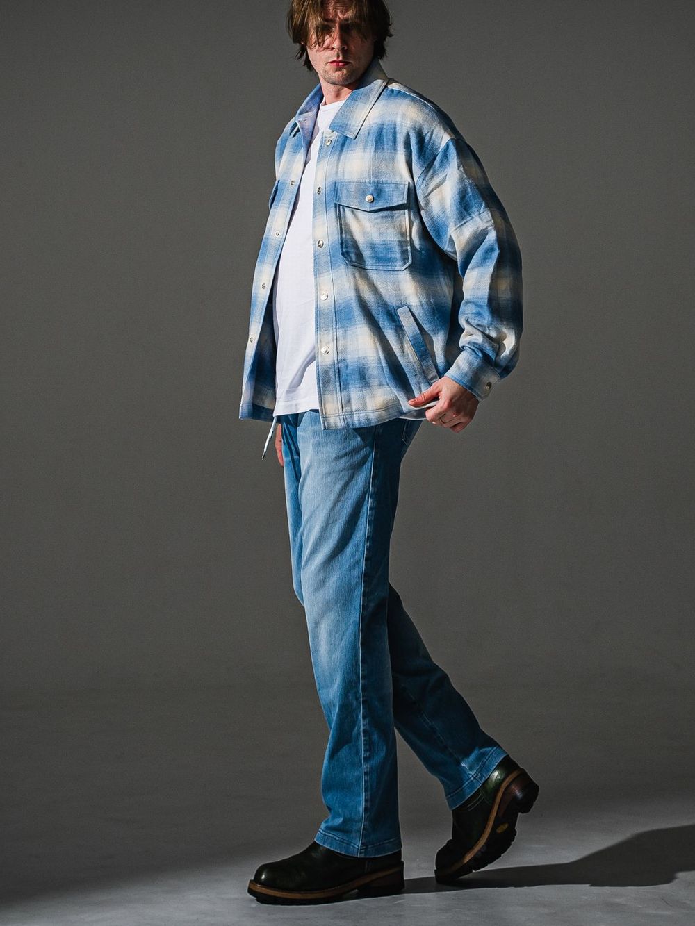 FLANNEL CHECK JK   オンブレチェックヘリンボーンネルジャケット （ブルー）