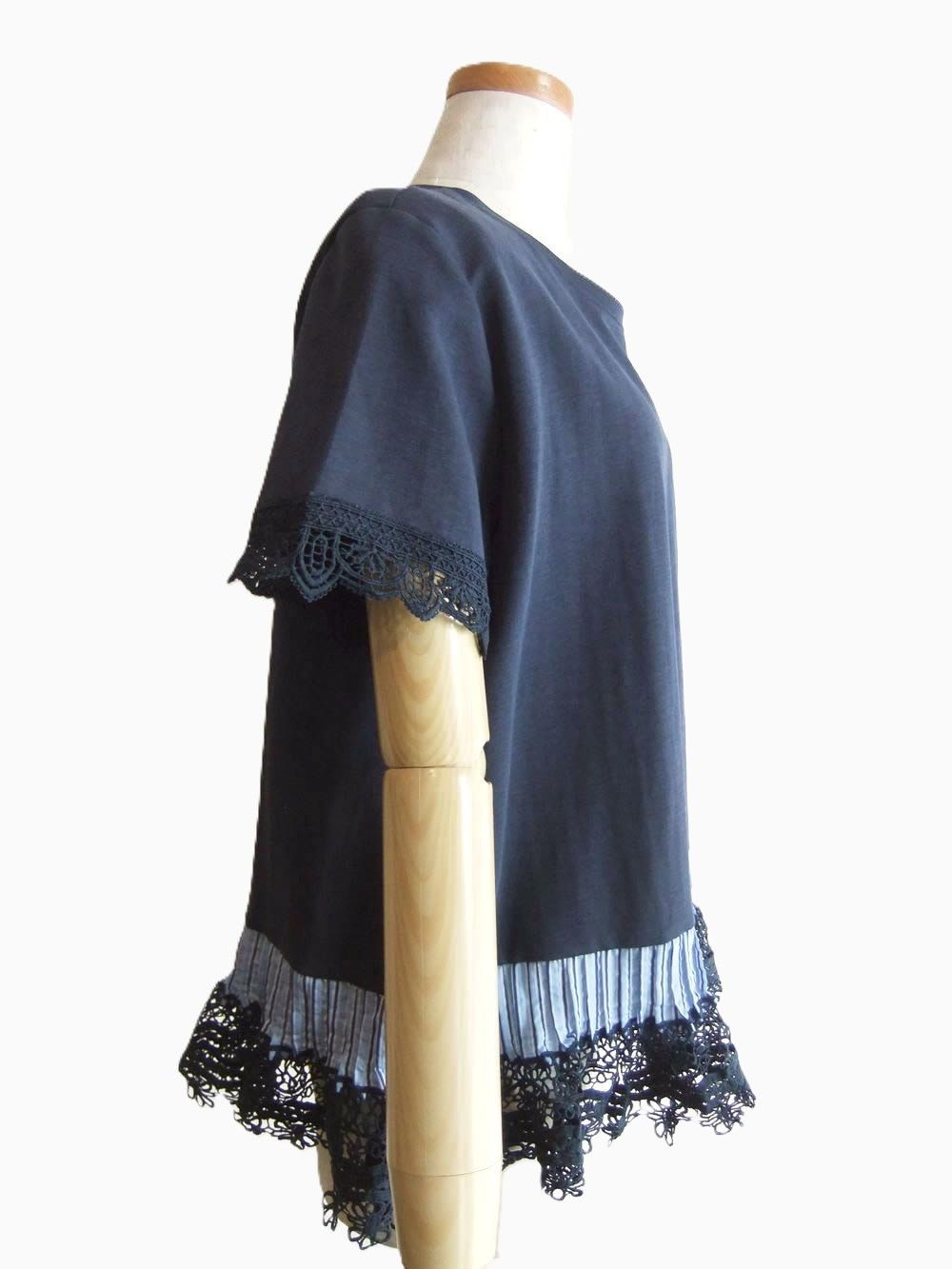 フラワーモチーフ レース付き 切替え Tシャツ    MME126TEB