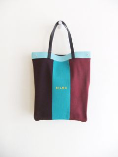 配色ニット 縦長 トートバッグ   （ターコイズ）  SB1118