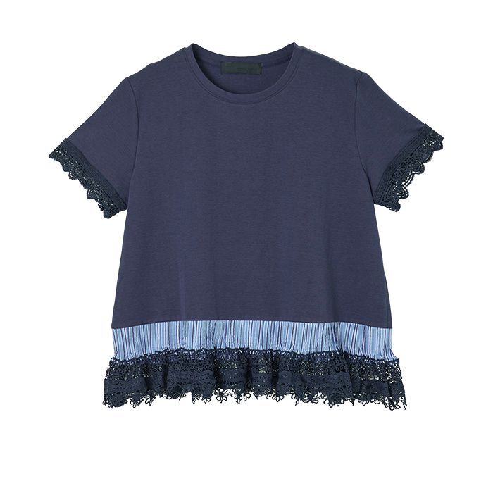 フラワーモチーフ レース付き 切替え Tシャツ    MME126TEB