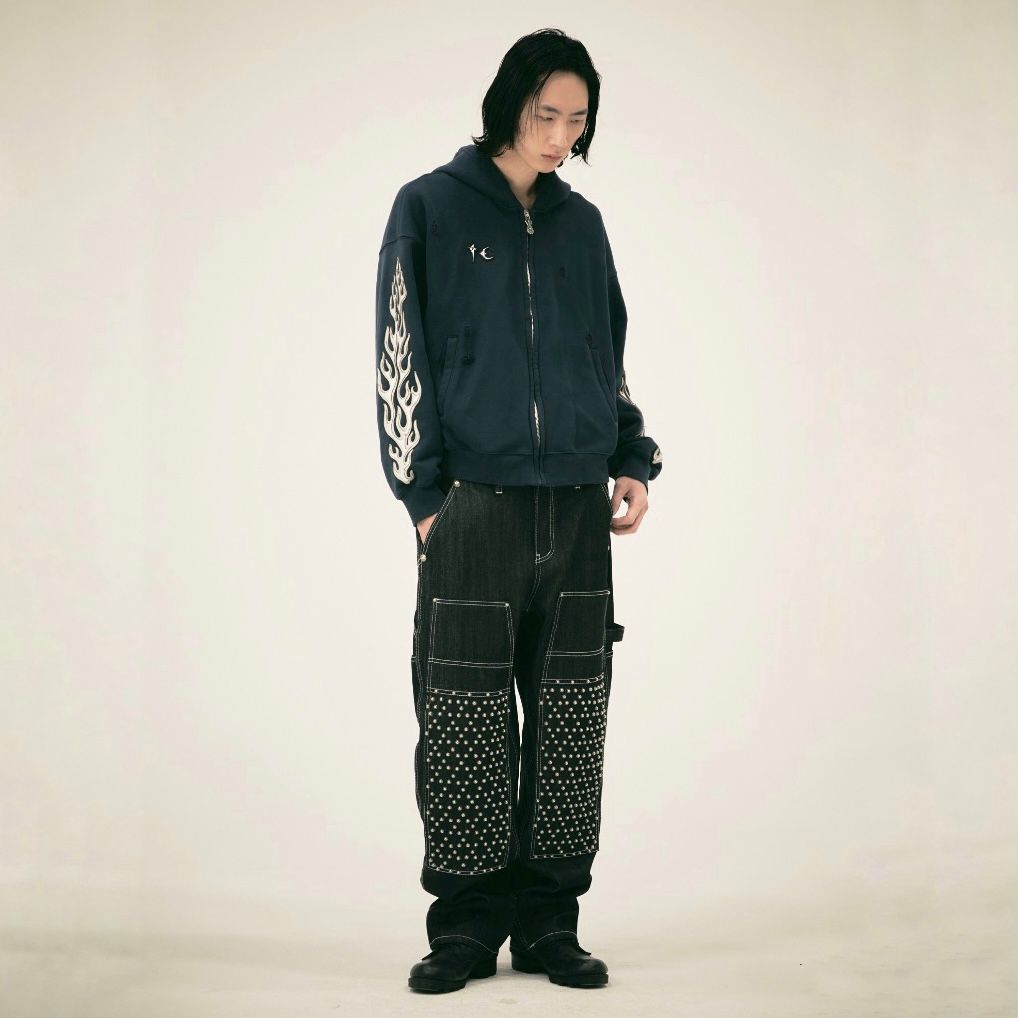 【残り一点】Leather Flame Hooded Zip Up