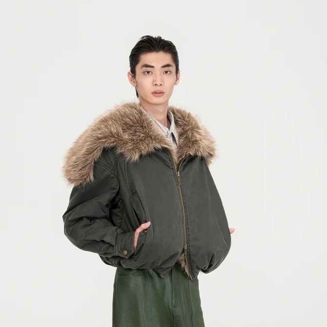 【残り一点】Green Washed Cotton Jacket with Faux Fur Collar