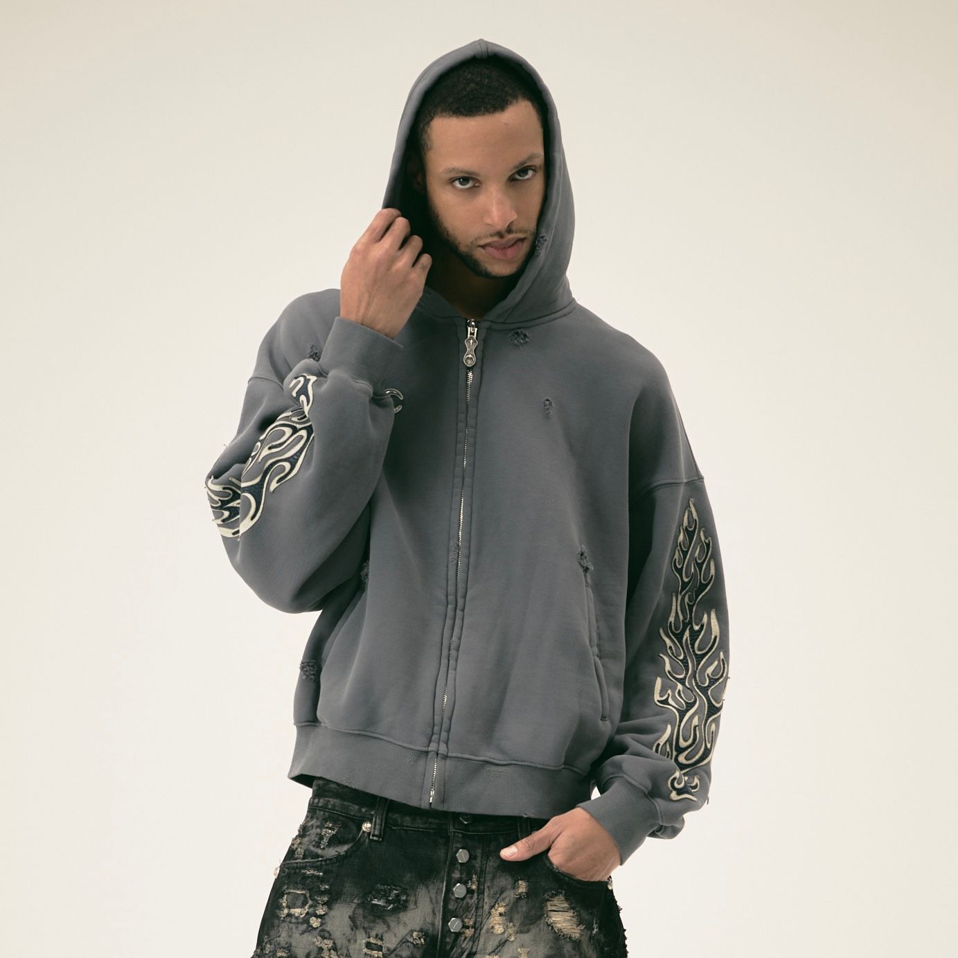【残り一点】Leather Flame Hooded Zip Up