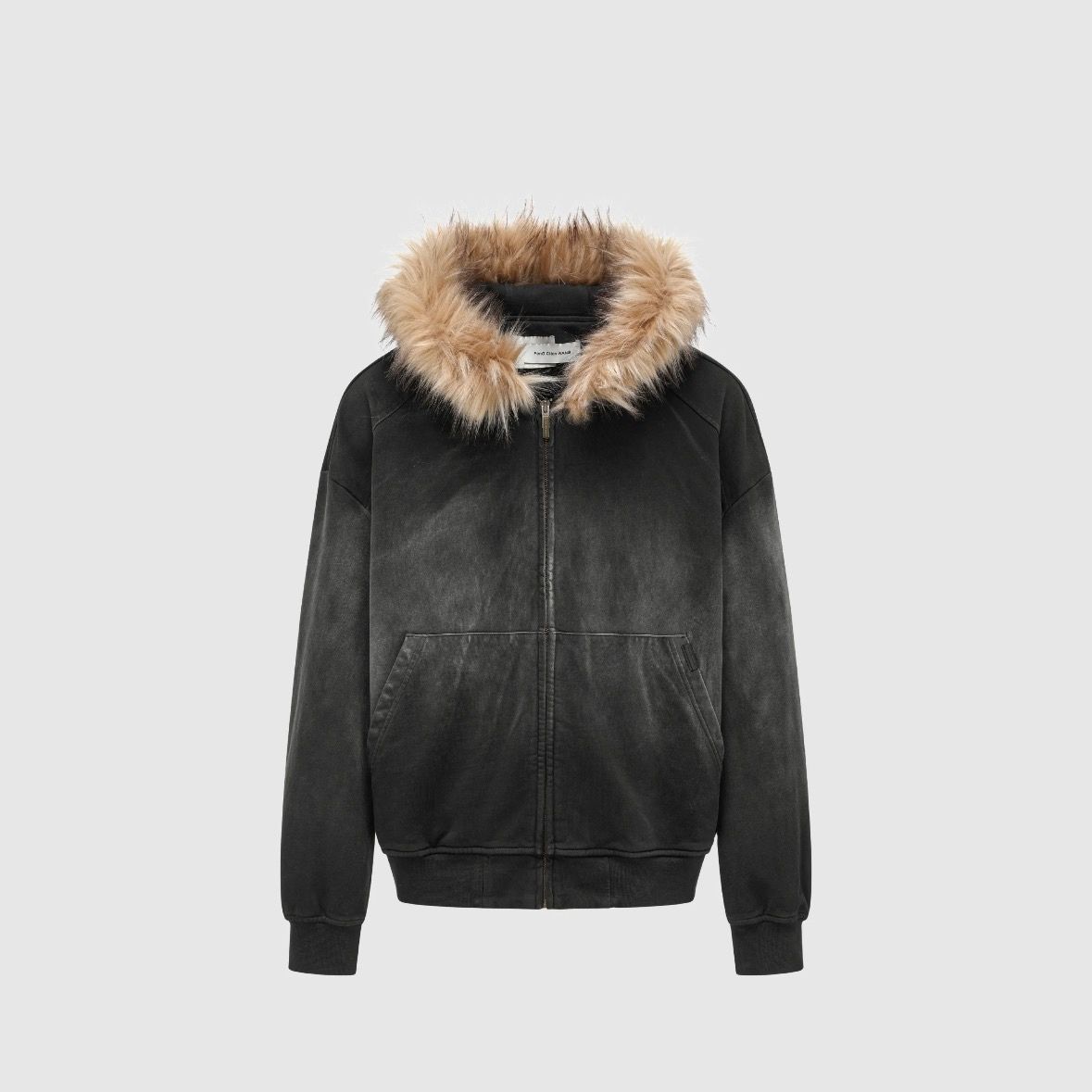 【残り一点】Grey Washed Faux Fur-Trim Zip-Up Hoodie