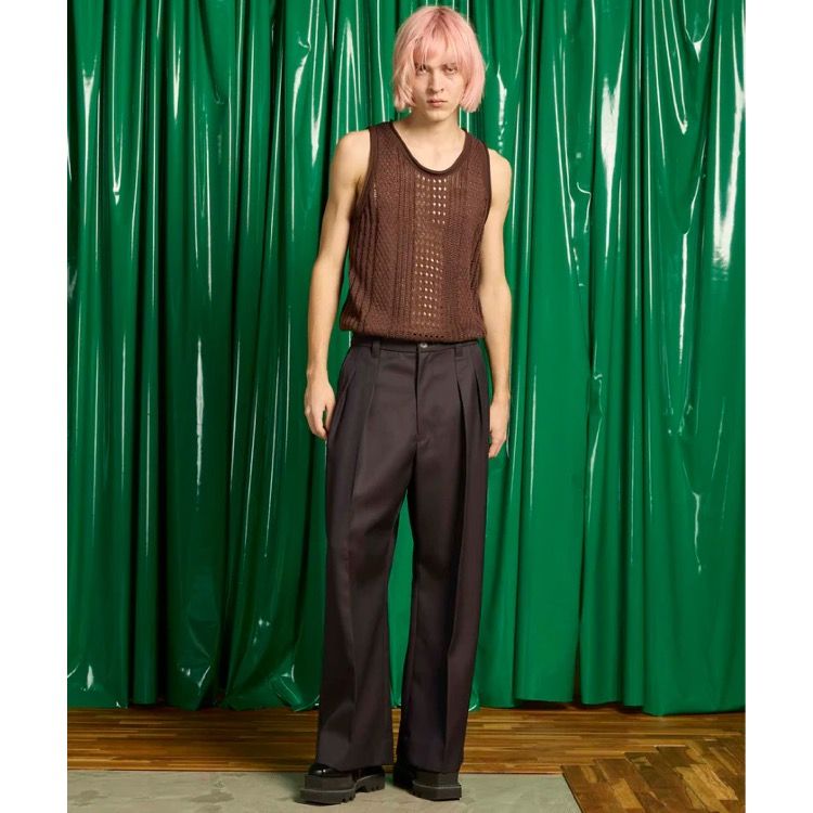 【残り一点】48/2 4Colors Chambray Wool 2tuck Wide Pants