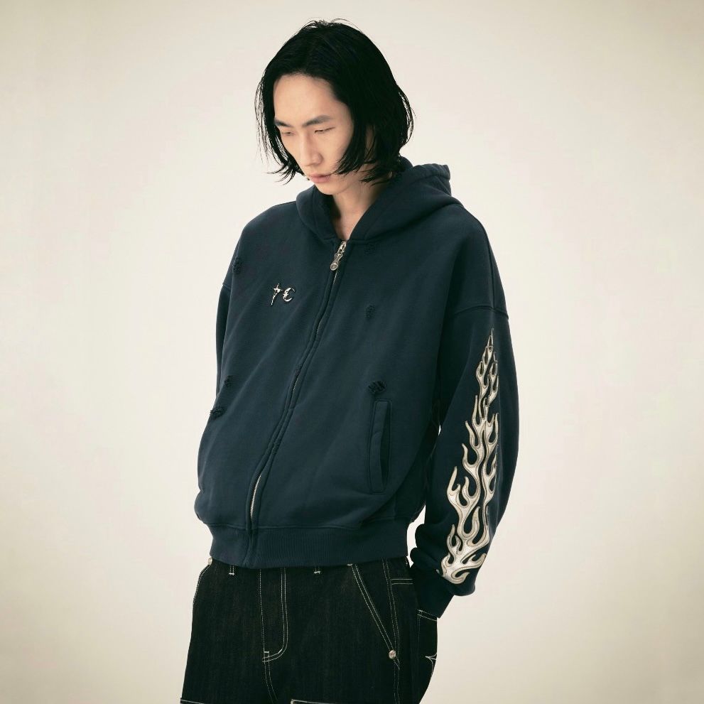 【残り一点】Leather Flame Hooded Zip Up