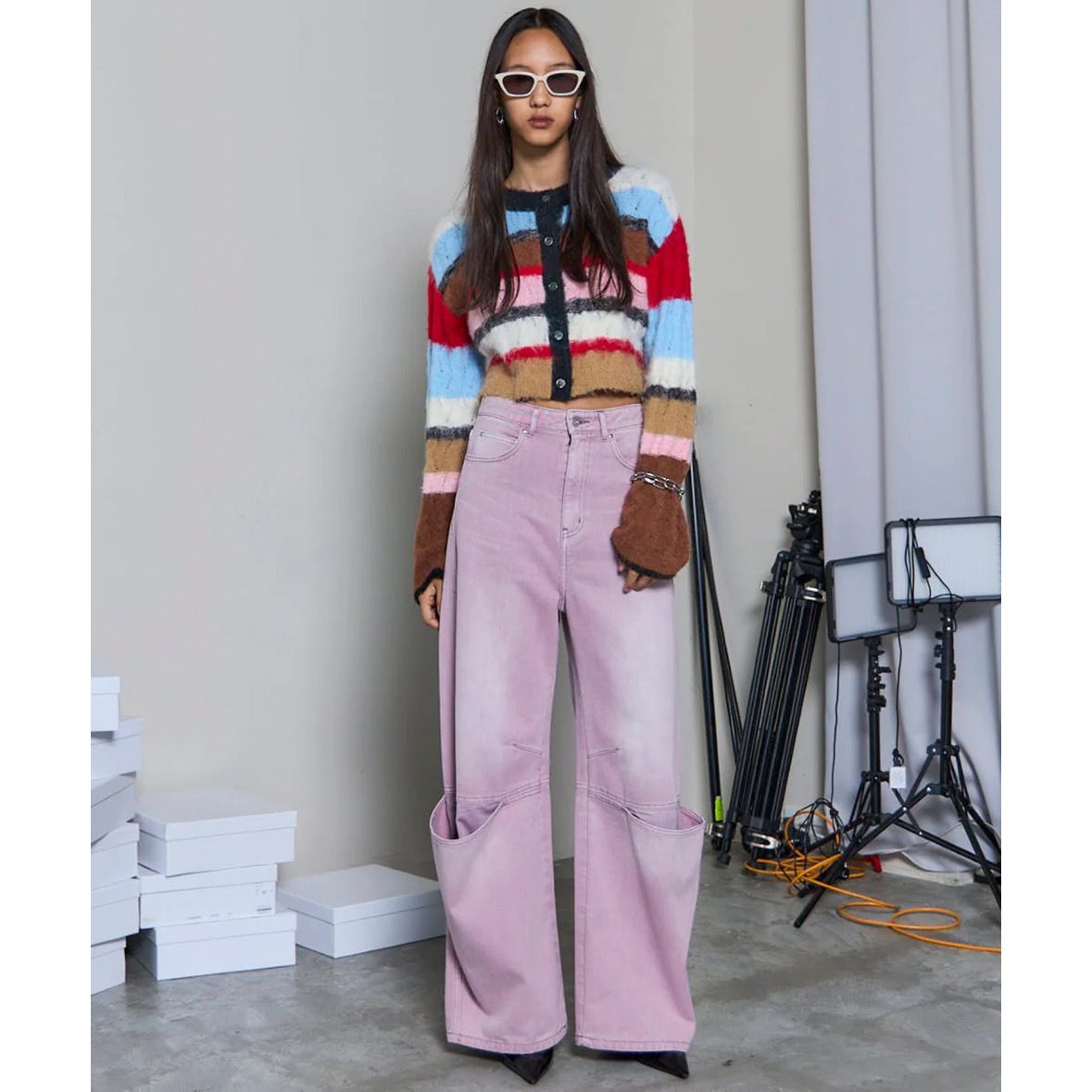 【残り一点】2way Neck Multi Border Knit Tops