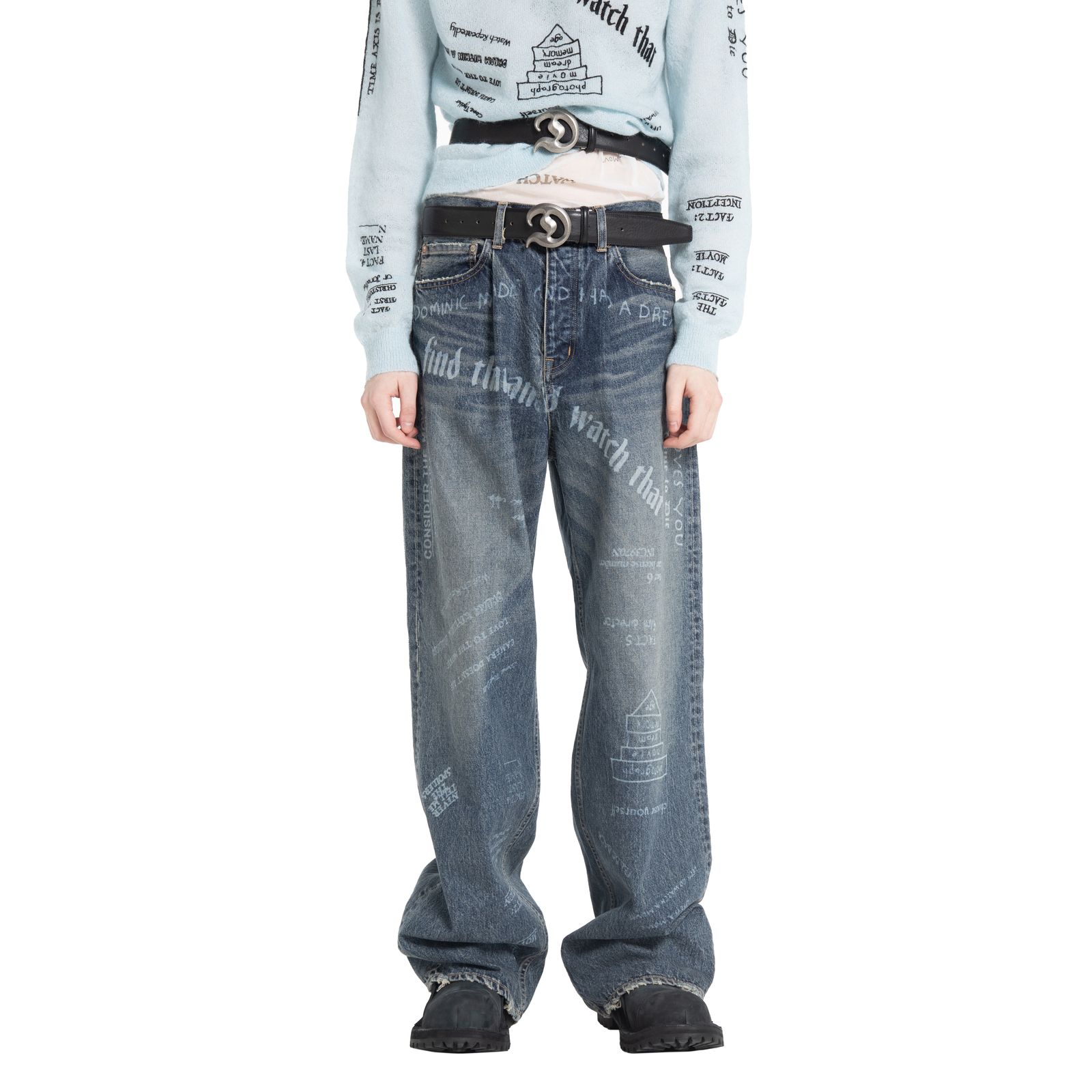 【残り一点】"TATTOO" Laser Printed Wide Denim Pants
