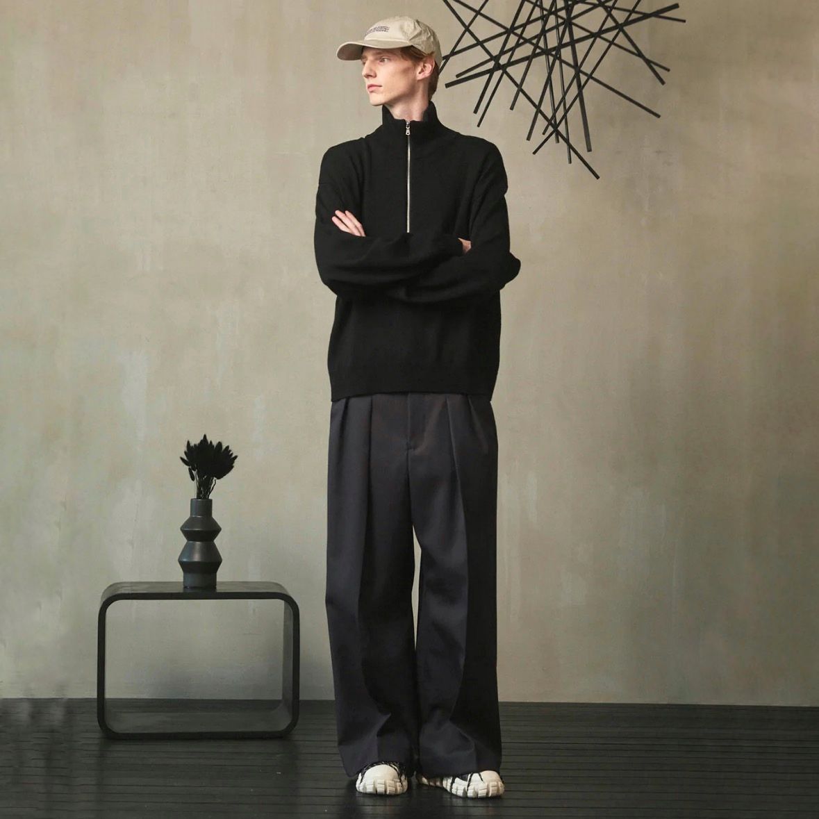 【残り一点】48/2 4Colors Chambray Wool 2tuck Wide Pants