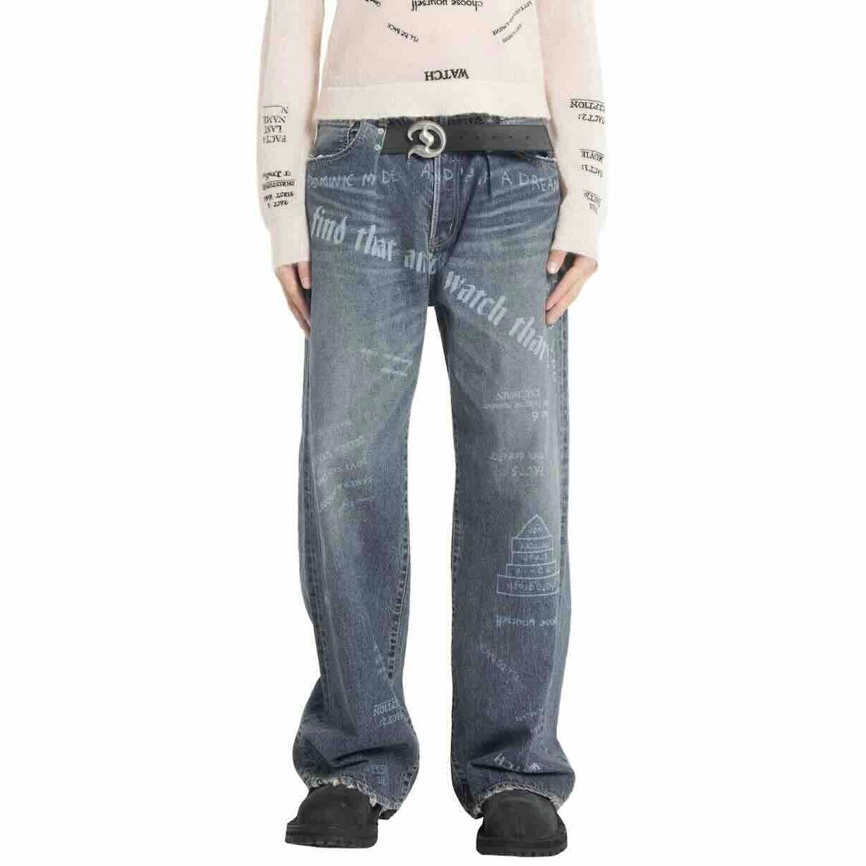 【残り一点】"D"Buckle Laser Printed Super Wide Denim Pants
