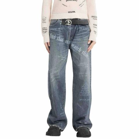 【残り一点】"D"Buckle Laser Printed Super Wide Denim Pants