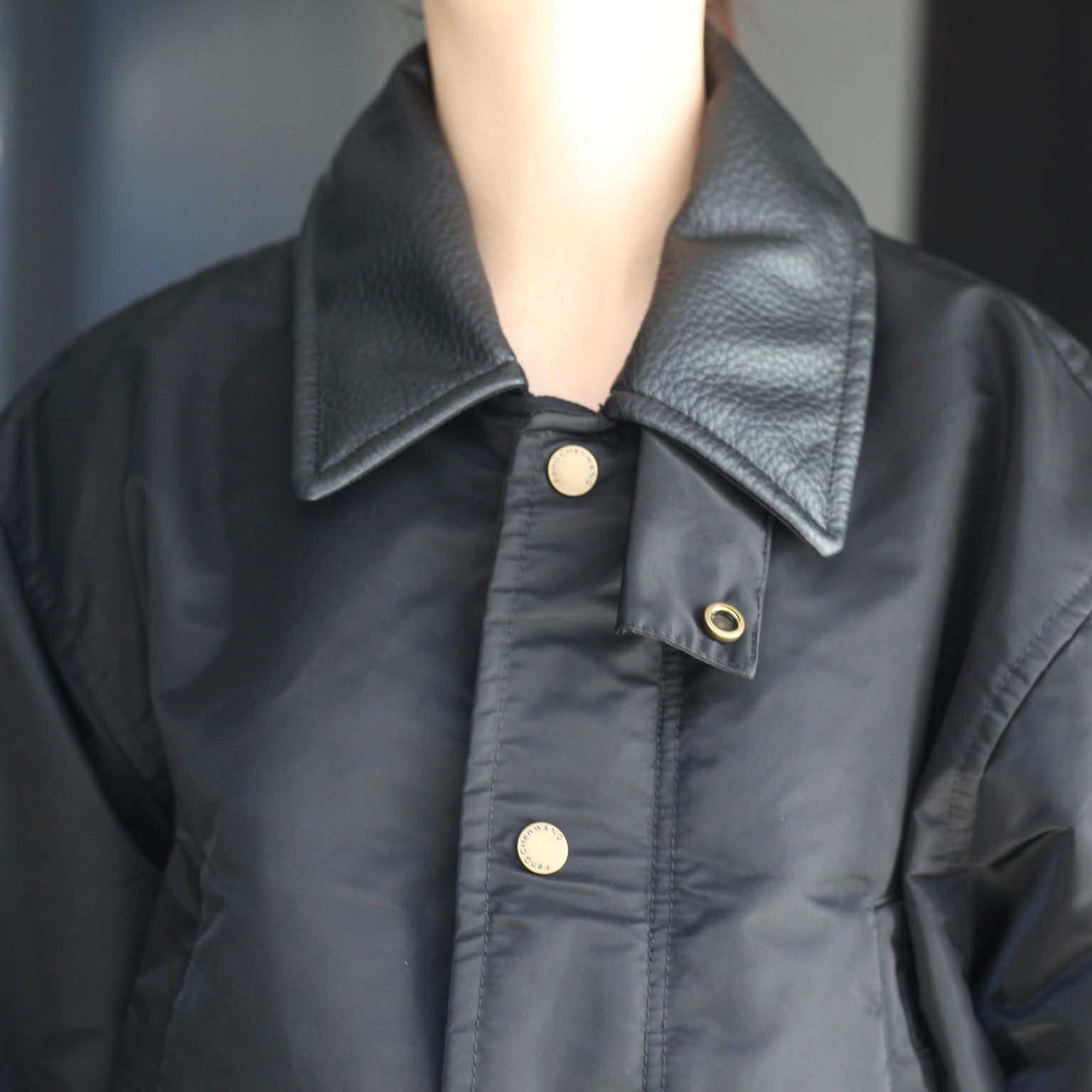 【残り一点】Black Nylon Padded Jacket with PU Collar