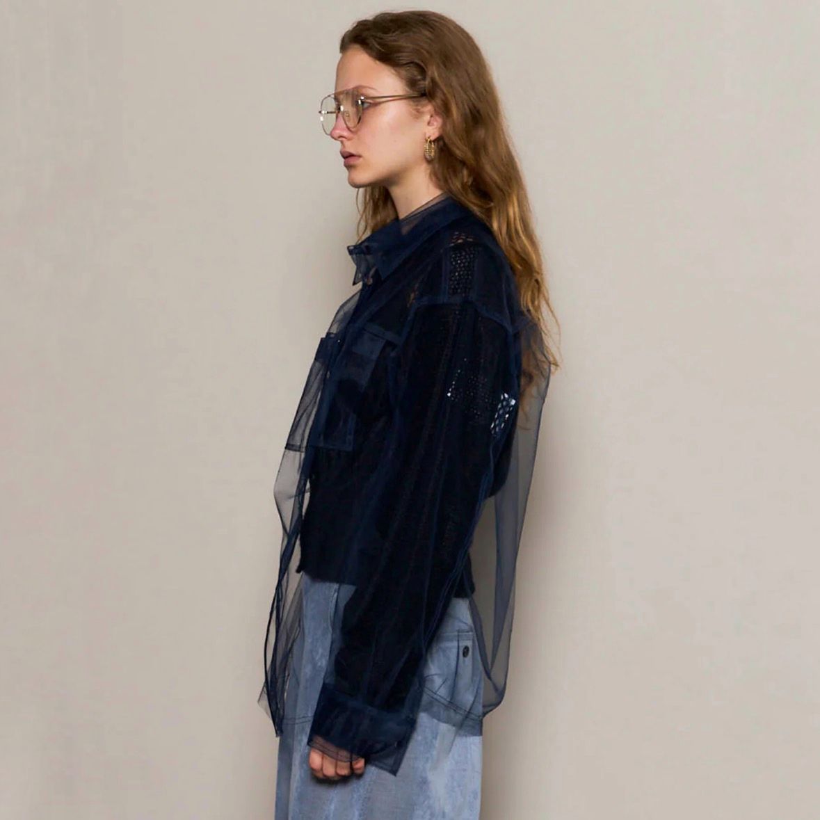【残り一点】Tulle Shirt Layered Polo Knit Cardigan