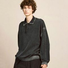 【残り一点】High Twist Pigment Bleach Prime-Over Long Sleeve Knit Polo Shirt
