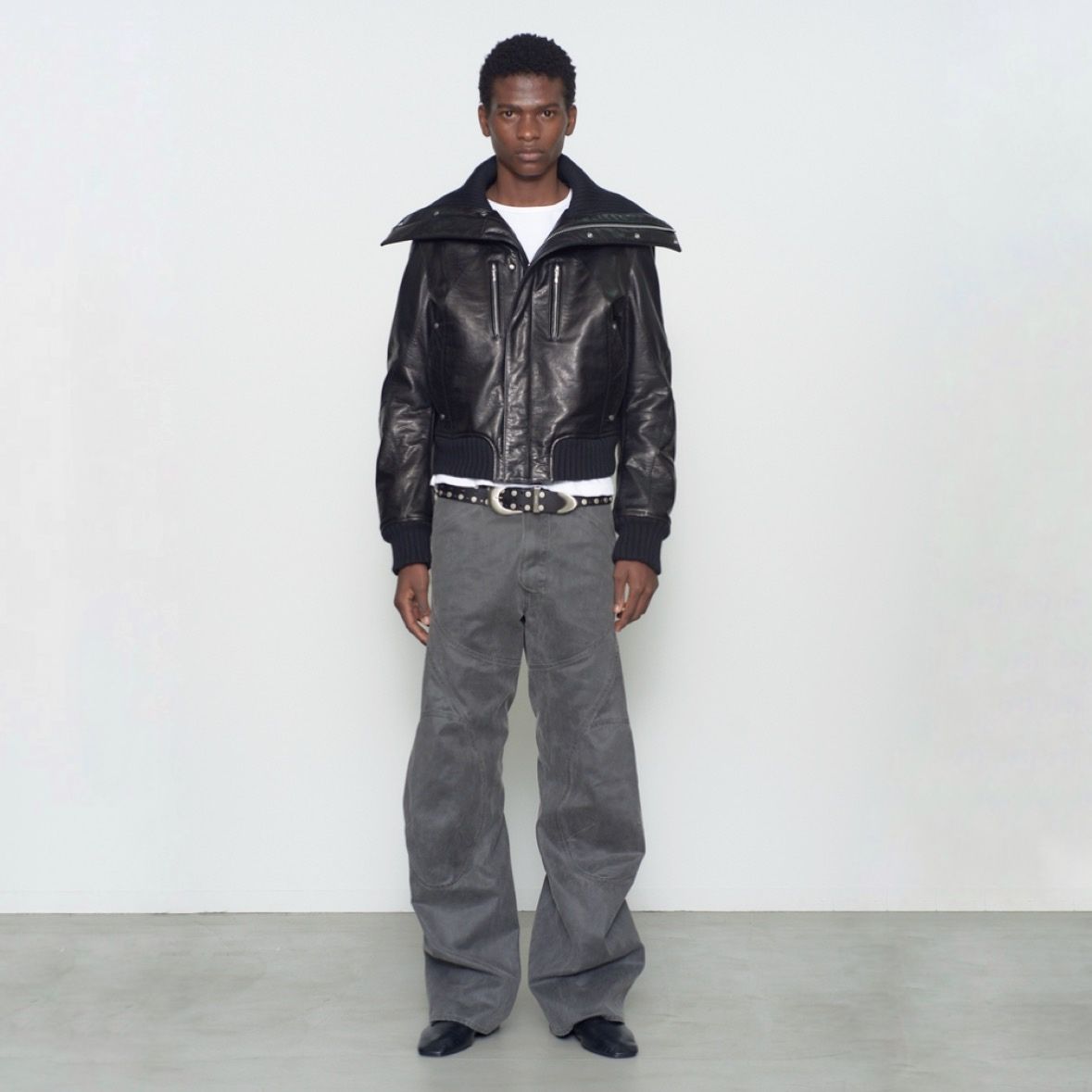【残り一点】Leather Padded High Neck Bomber Jacket