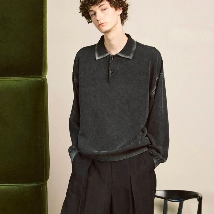 【残り一点】High Twist Pigment Bleach Prime-Over Long Sleeve Knit Polo Shirt