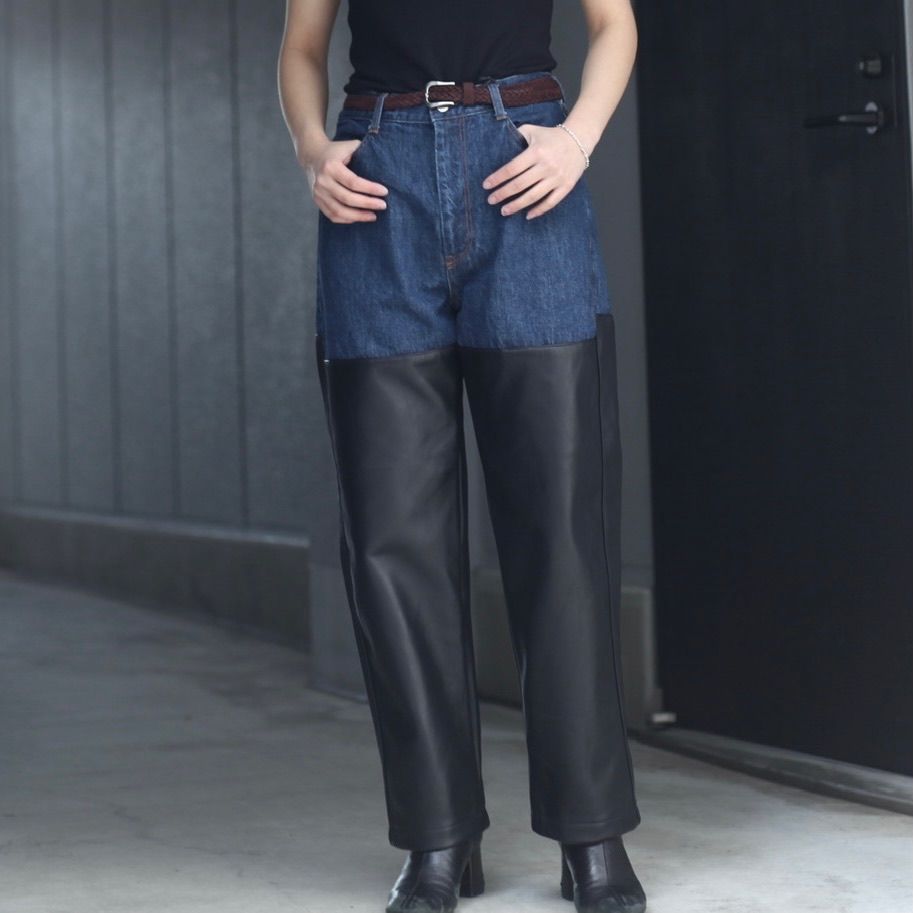 【残りわずか】Leather Combination Denim Jeans - XS