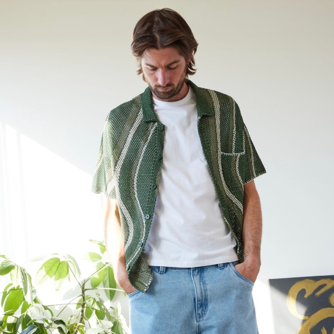 【関税込み】Dime グリーン Soleil ボタンアップ ニットシャツ Dime - 【残り一点】Soleil Button Up Knit | ACRMTSM ONLINE STORE