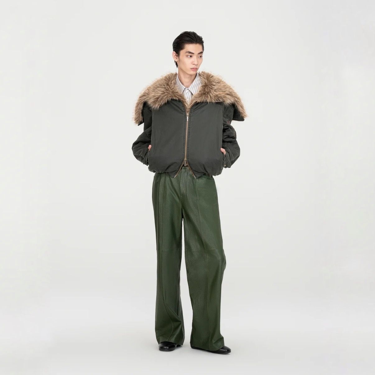 【残り一点】Green Washed Cotton Jacket with Faux Fur Collar