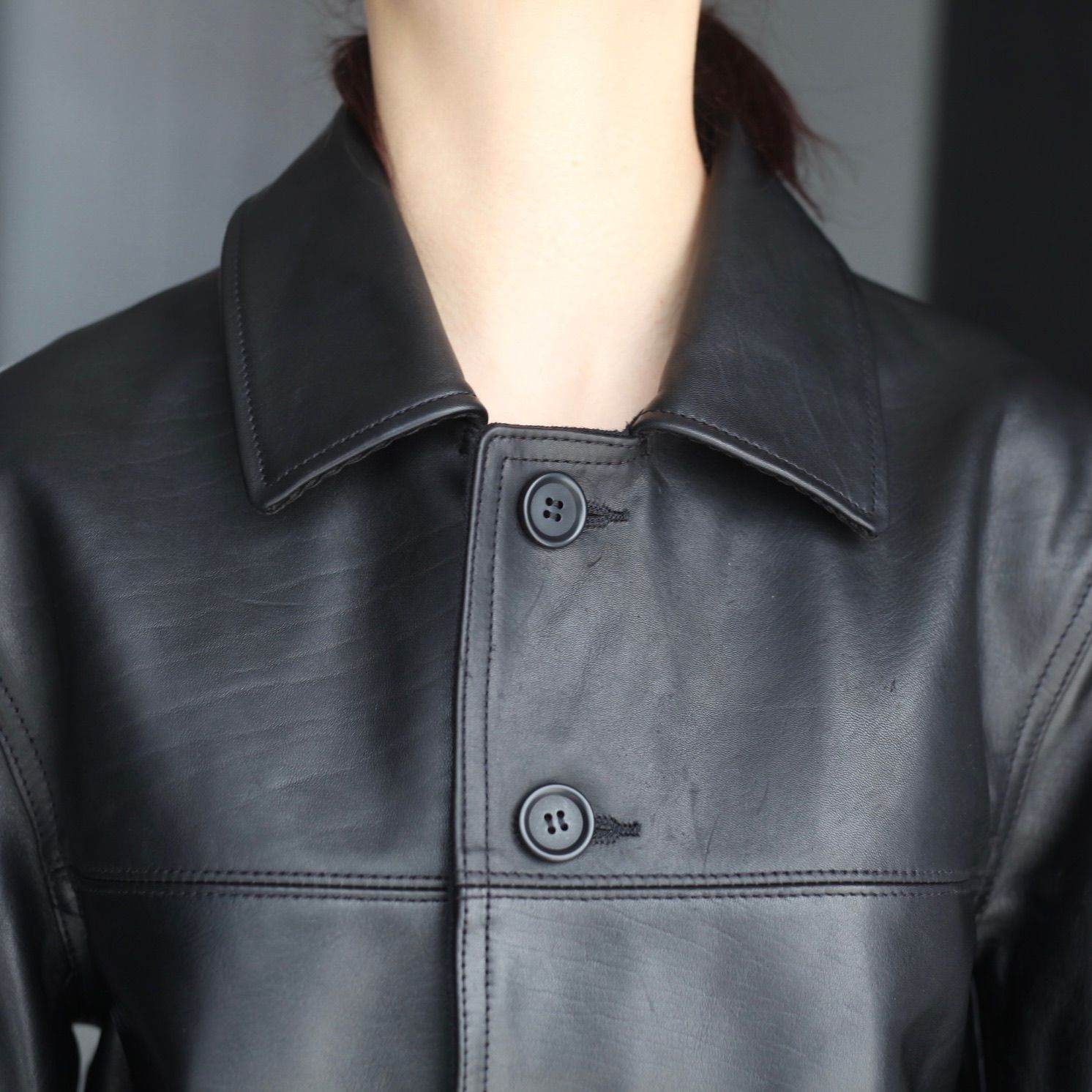 カーコート　黒 レザー　状態よし　限定セールです。 Tranescent / STAND-UP COLLAR LEATHER CAR COAT ‐Goat leather‐