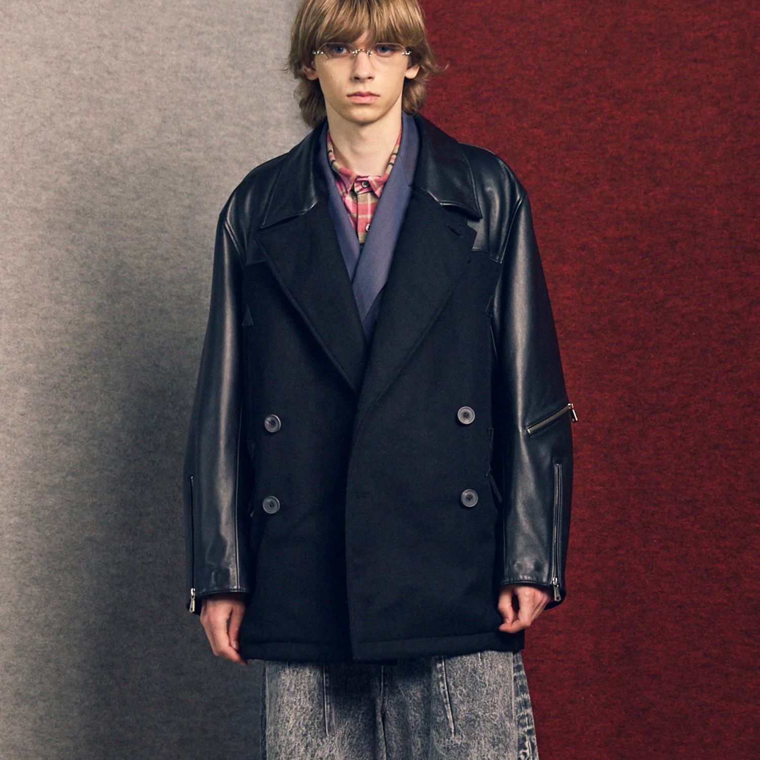 【残り一点】Sheep Leather Melton Combination Pea Coat