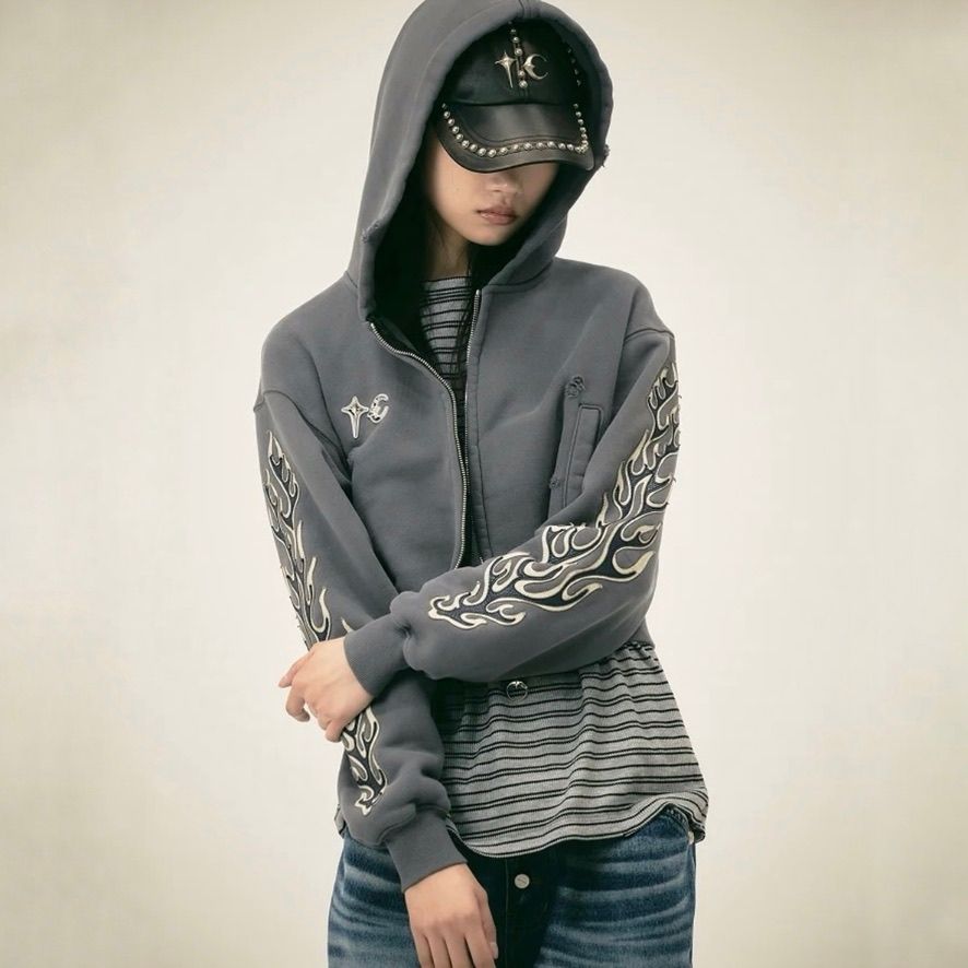 【残り一点】Leather Flame Cropped Hooded Zip Up