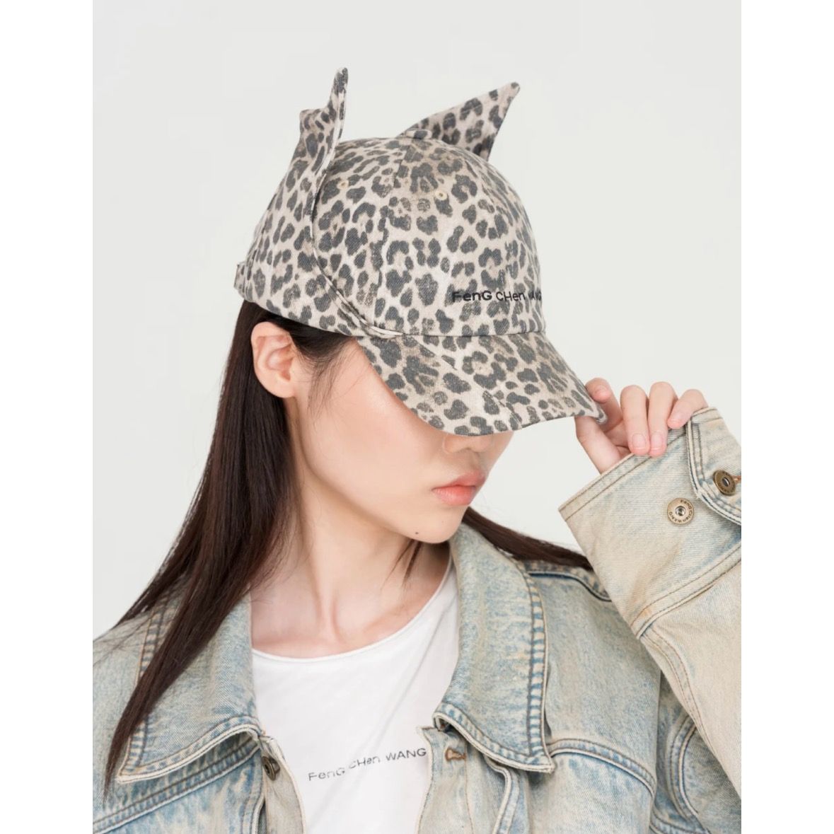 【残り一点】Leopard Washed Denim Cat Earflap Baseball Cap