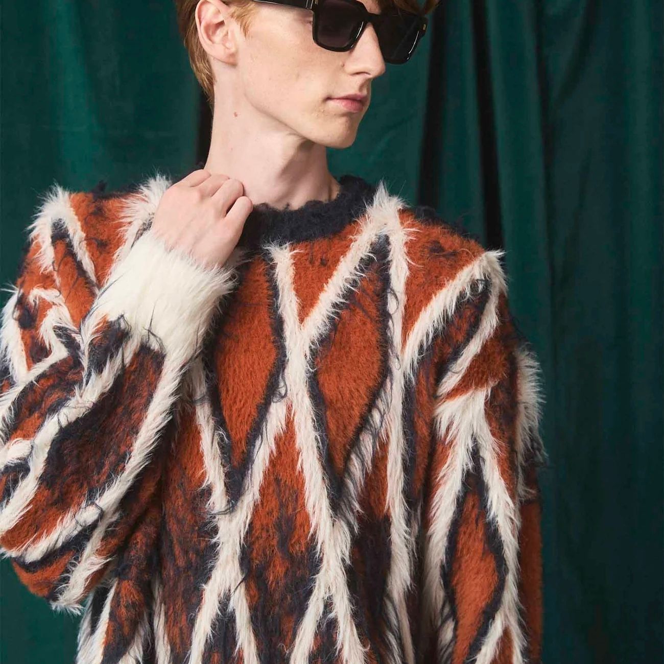 【残り一点】7G Shaggy JQD Pattern Argyle Prime Over Crew Neck Knit Pull Over