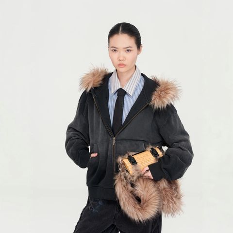 【残り一点】Grey Washed Faux Fur-Trim Zip-Up Hoodie