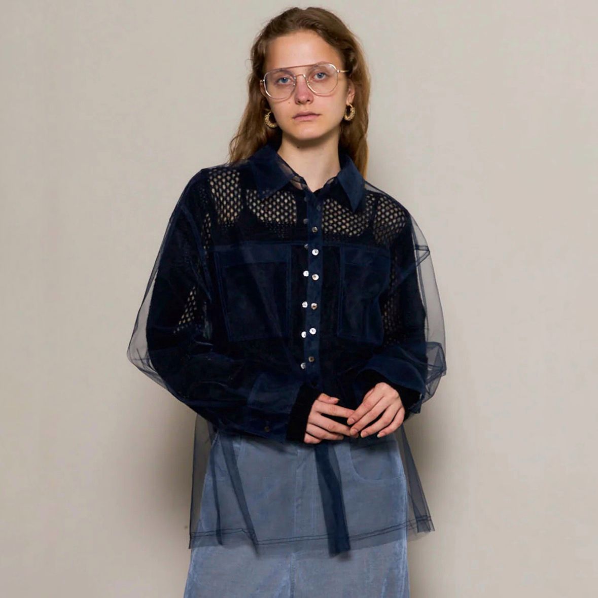 【残り一点】Tulle Shirt Layered Polo Knit Cardigan