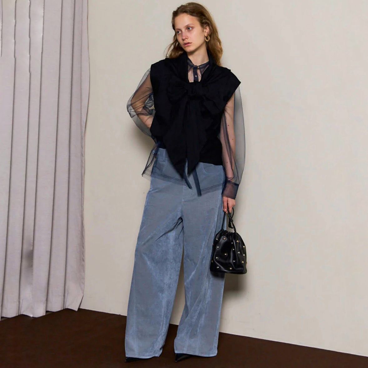 【残り一点】Tulle Shirt Layered Polo Knit Cardigan