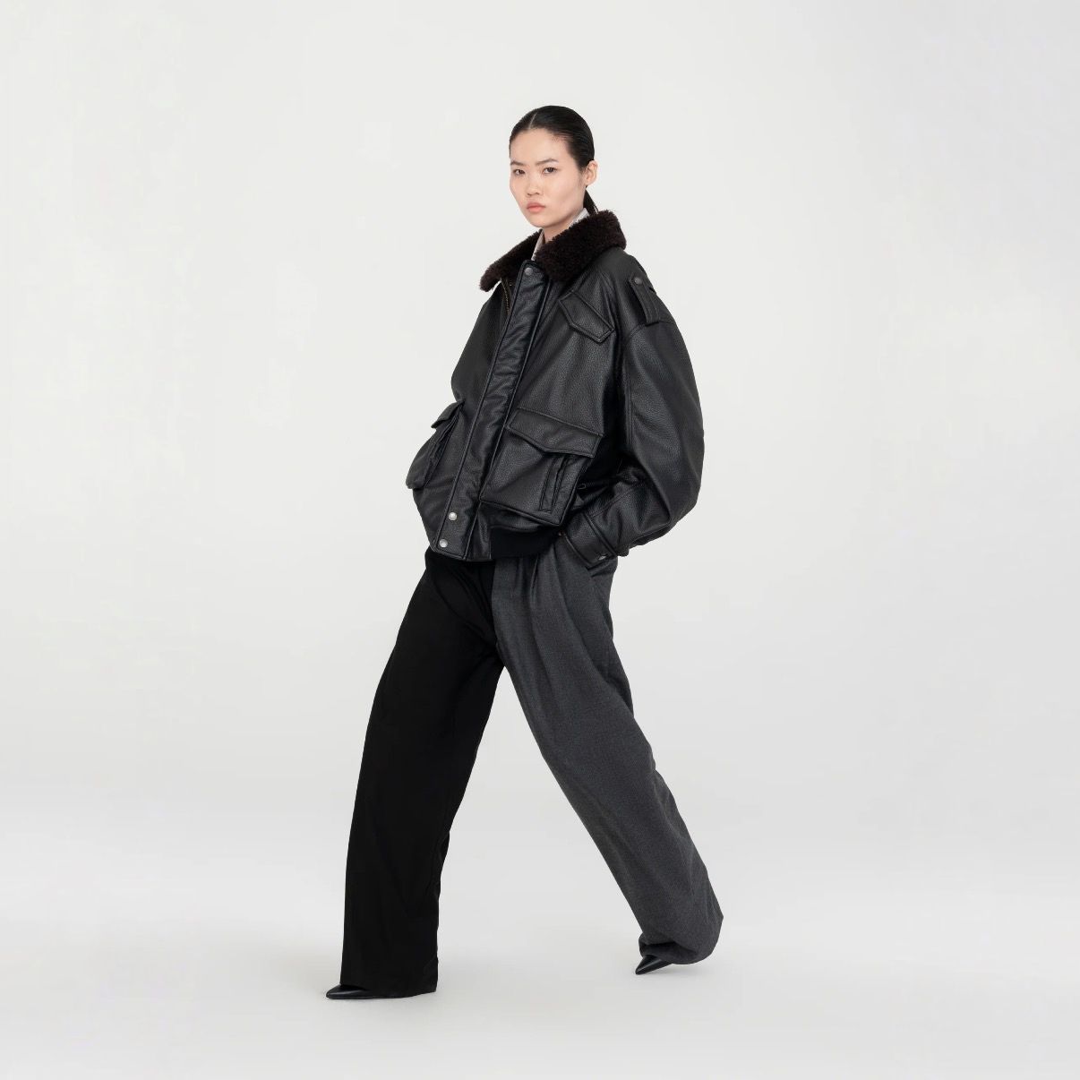 【残り一点】Oversized PU Jacket with Faux Fur Collar