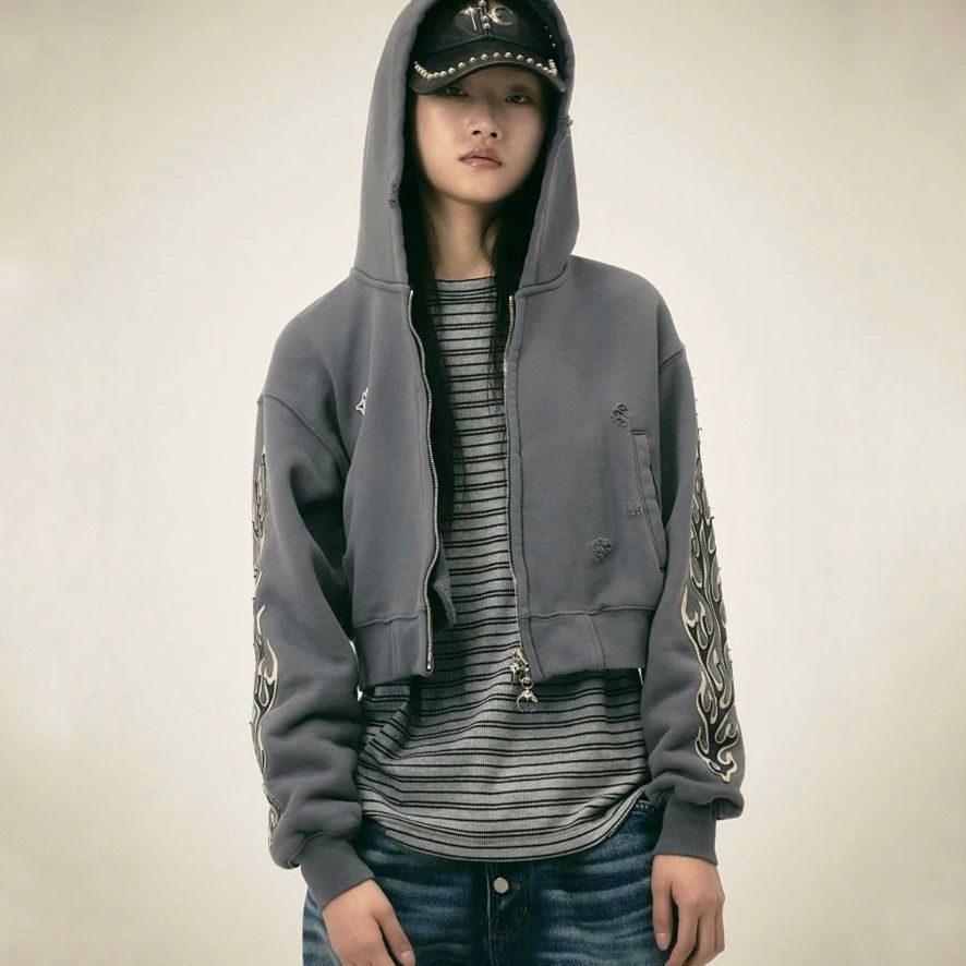 【残り一点】Leather Flame Cropped Hooded Zip Up