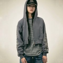 【残り一点】Leather Flame Cropped Hooded Zip Up