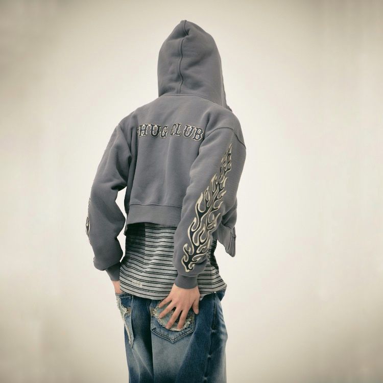 【残り一点】Leather Flame Cropped Hooded Zip Up