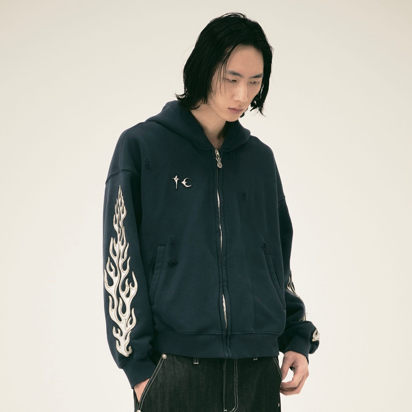 【残り一点】Leather Flame Hooded Zip Up