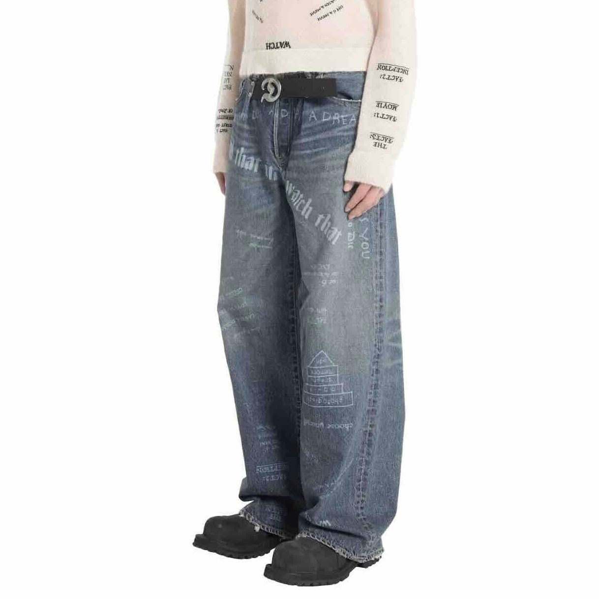 【残り一点】"D"Buckle Laser Printed Super Wide Denim Pants