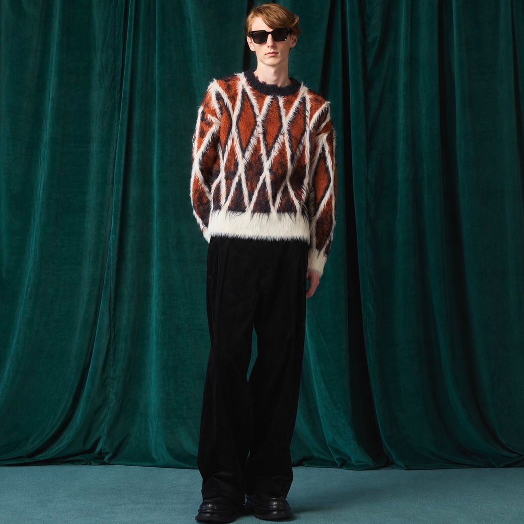 【残り一点】7G Shaggy JQD Pattern Argyle Prime Over Crew Neck Knit Pull Over