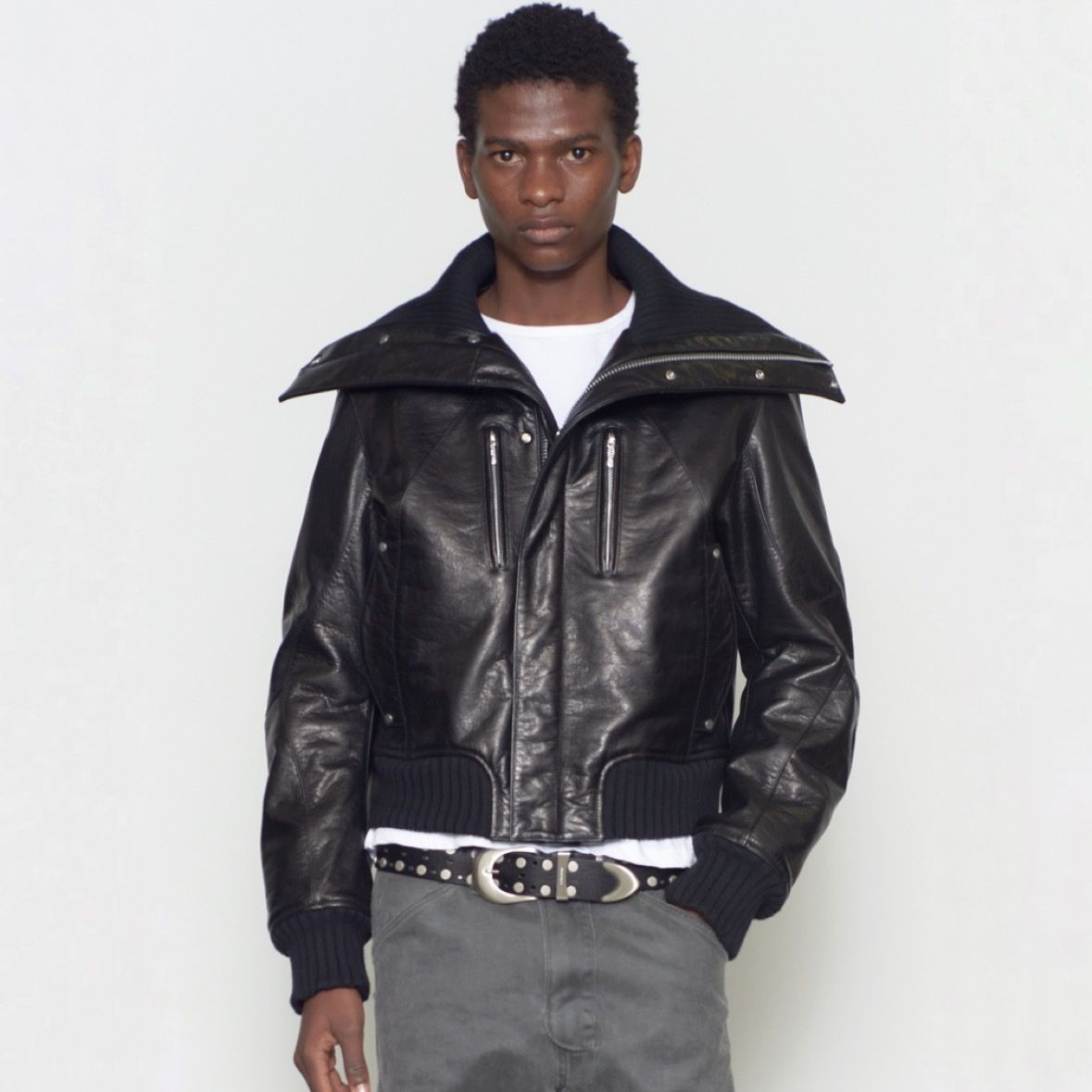 【残り一点】Leather Padded High Neck Bomber Jacket