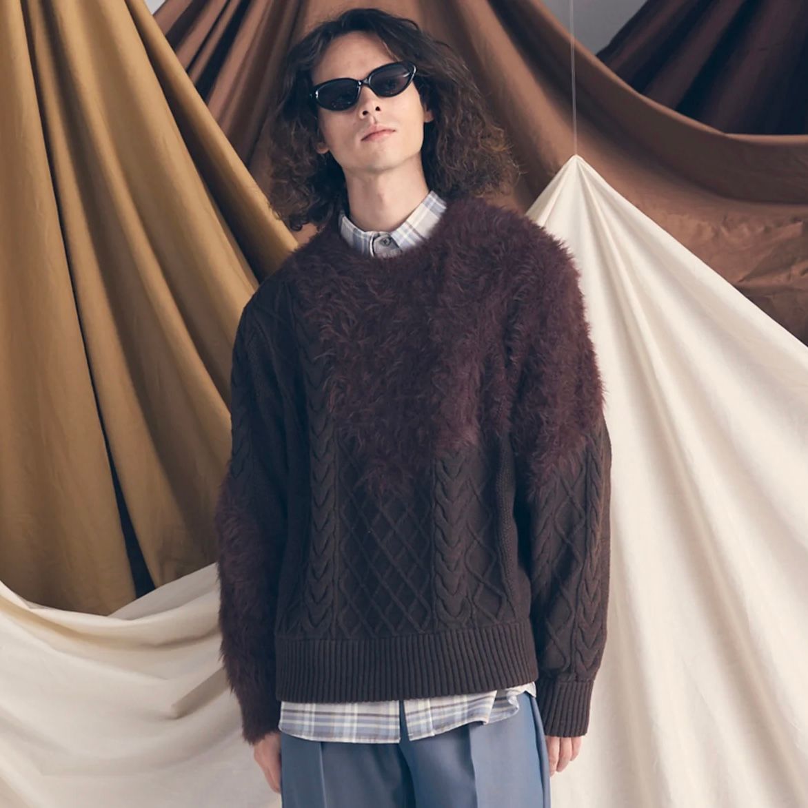 【残り一点】Cable Shaggy Mix Prime Over Crew Neck Knit Pull Over