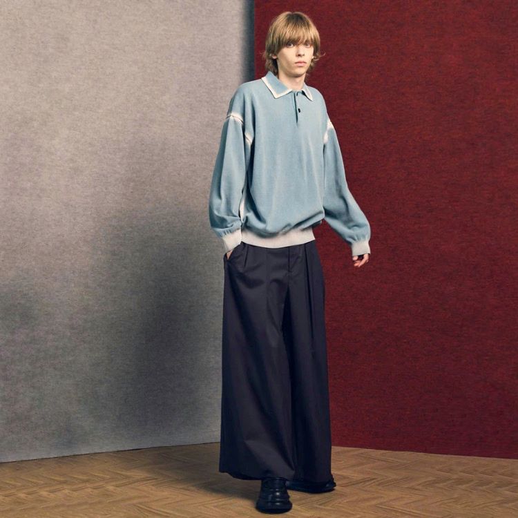 【残り一点】High Twist Pigment Bleach Prime-Over Long Sleeve Knit Polo Shirt