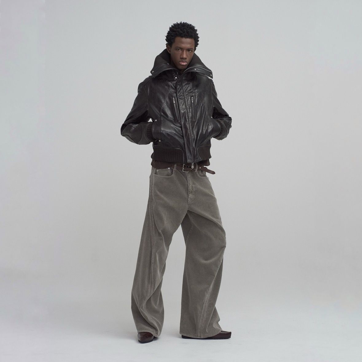 【残り一点】Leather Padded High Neck Bomber Jacket