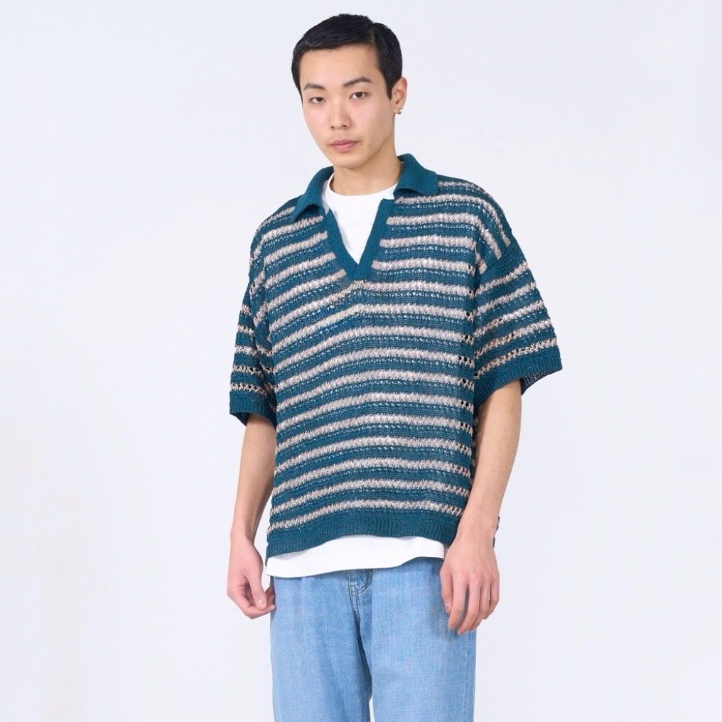 YOKE | BORDER MESH KNIT SKIPPER POLO SHIRT(NAVY×BEIGE