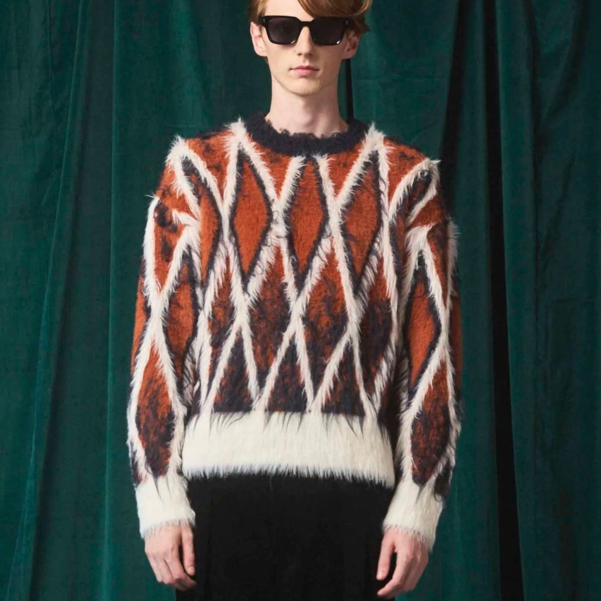 【残り一点】7G Shaggy JQD Pattern Argyle Prime Over Crew Neck Knit Pull Over
