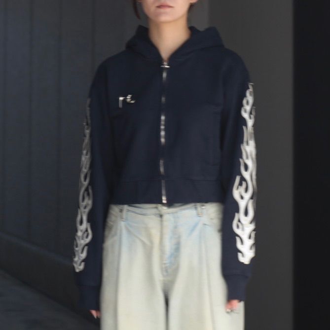 【残り一点】Leather Flame Cropped Hooded Zip Up