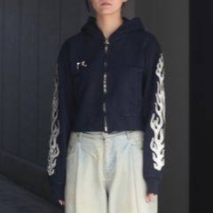 【残り一点】Leather Flame Cropped Hooded Zip Up