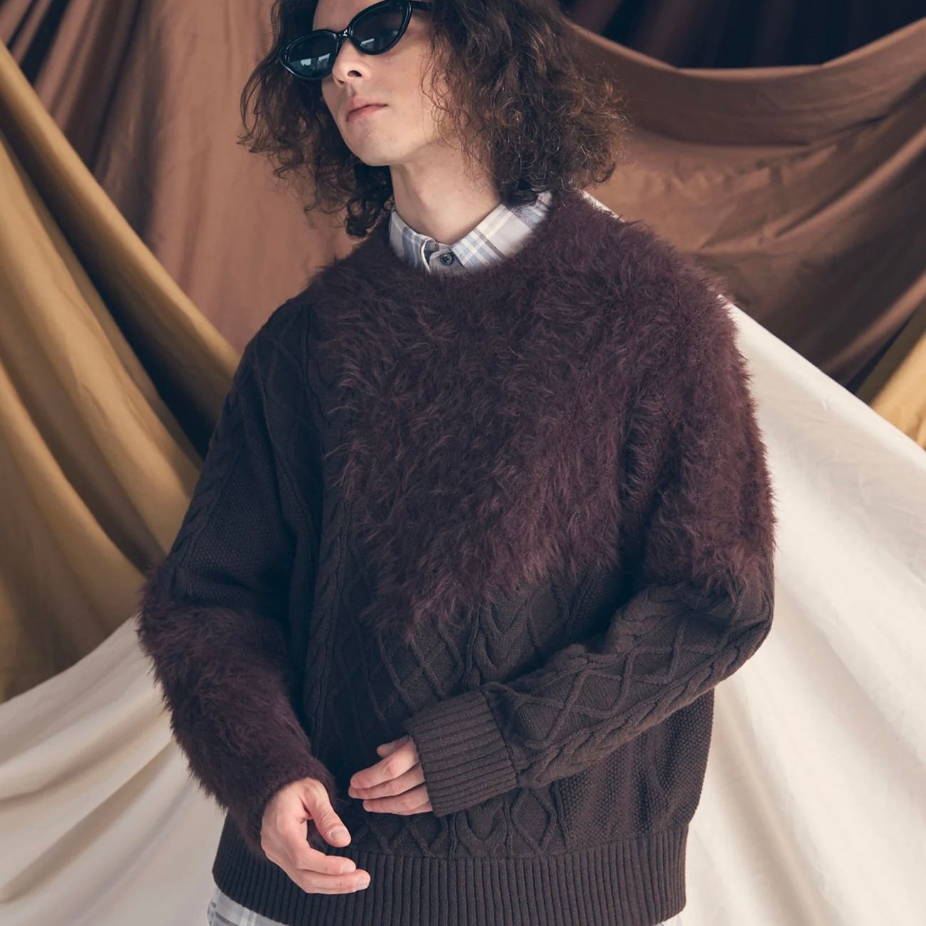 【残り一点】Cable Shaggy Mix Prime Over Crew Neck Knit Pull Over