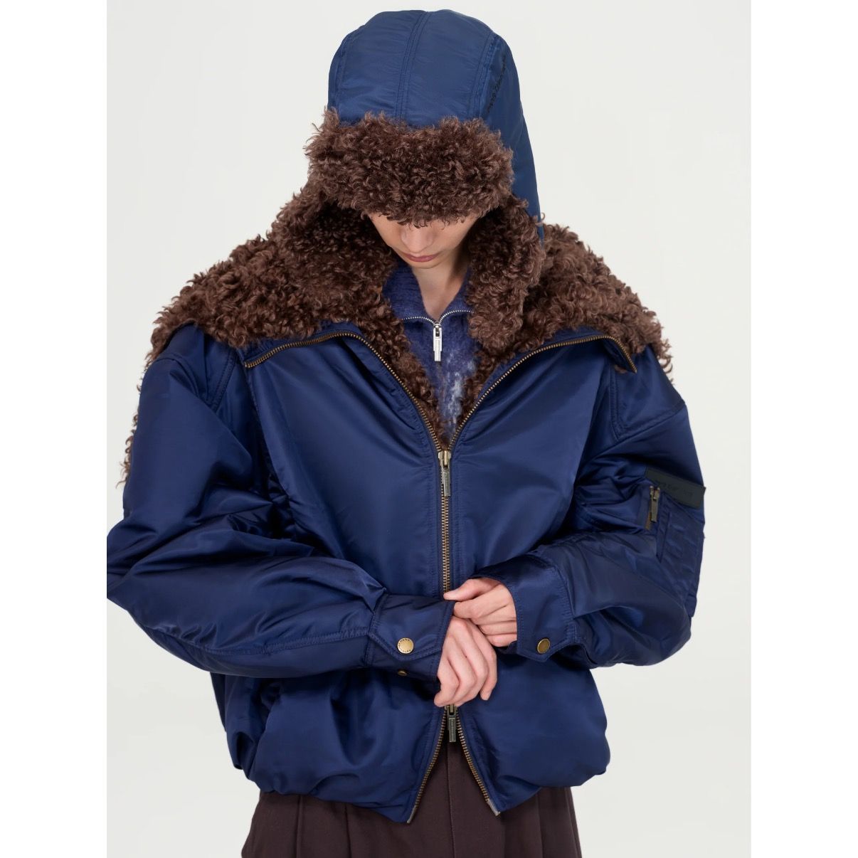 【残り一点】Navy Nylon Jacket with Faux Fur Collar